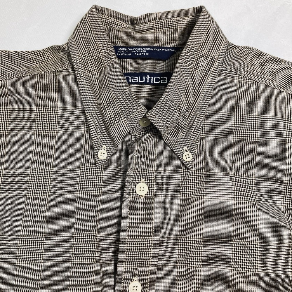 Nautica Mens Beige Tan Plaid 100% Cotton Houndstooth Long Slv Button Dn Shirt XL